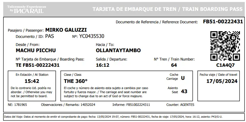 Inca Rail ticket to Machu Picchu train from Cusco