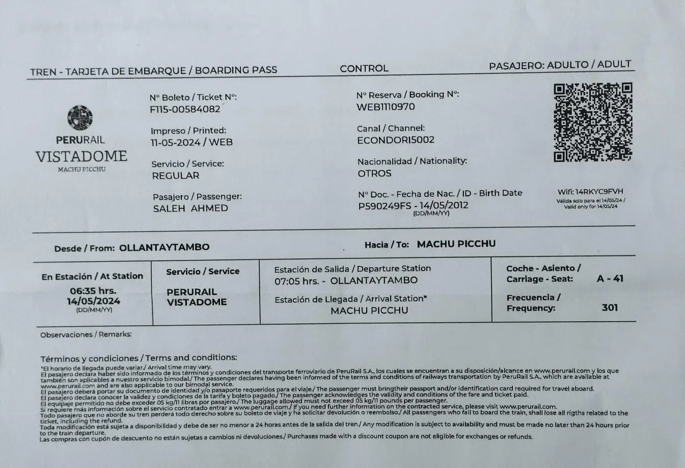 PeruRail ticket to Machu Picchu train from Cusco