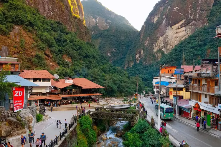 View of Aguas Calientes town nestled in the Andes near Machu Picchu, Peru