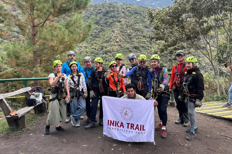 Travelers preparing for the zipline during the Inka Jungle Trek